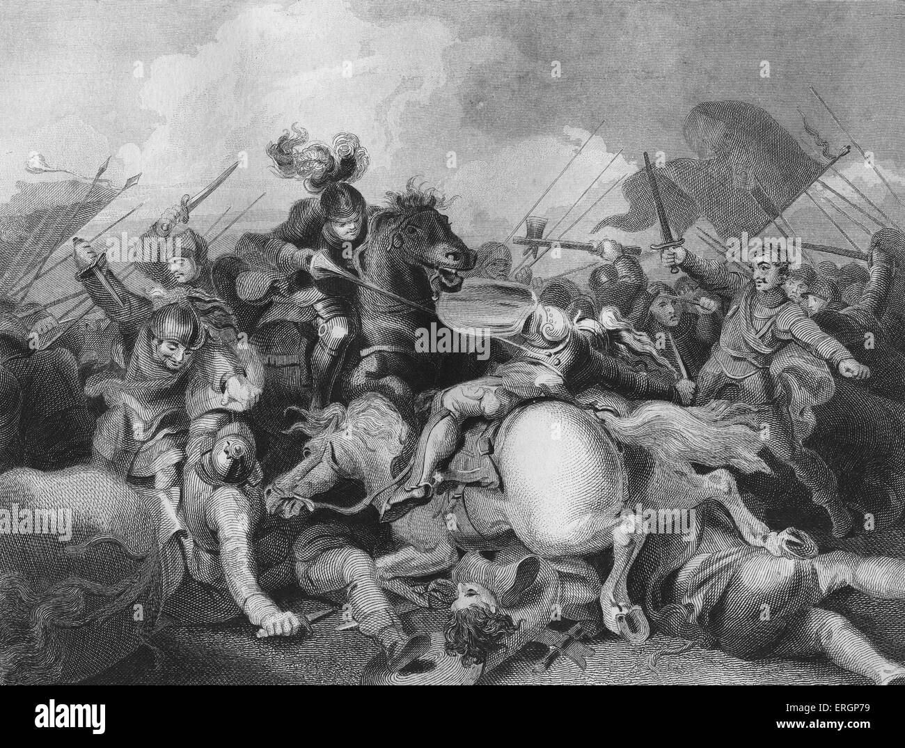 Schlacht von Bosworth Field, kämpften am 22. August 1485. Die letzte bedeutende Schlacht des Krieges der Rosen, gewonnen durch die Stockfoto