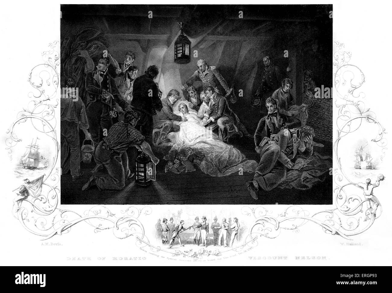 Der Tod von Horatio Nelson, 21. Oktober 1805. Kupferstich nach dem Gemälde von A.W. Devis. Schildert den Tod von Horatio Nelson unter Deck auf seinem Flaggschiff HMS Victory in der Schlacht von Trafalgar. Stockfoto