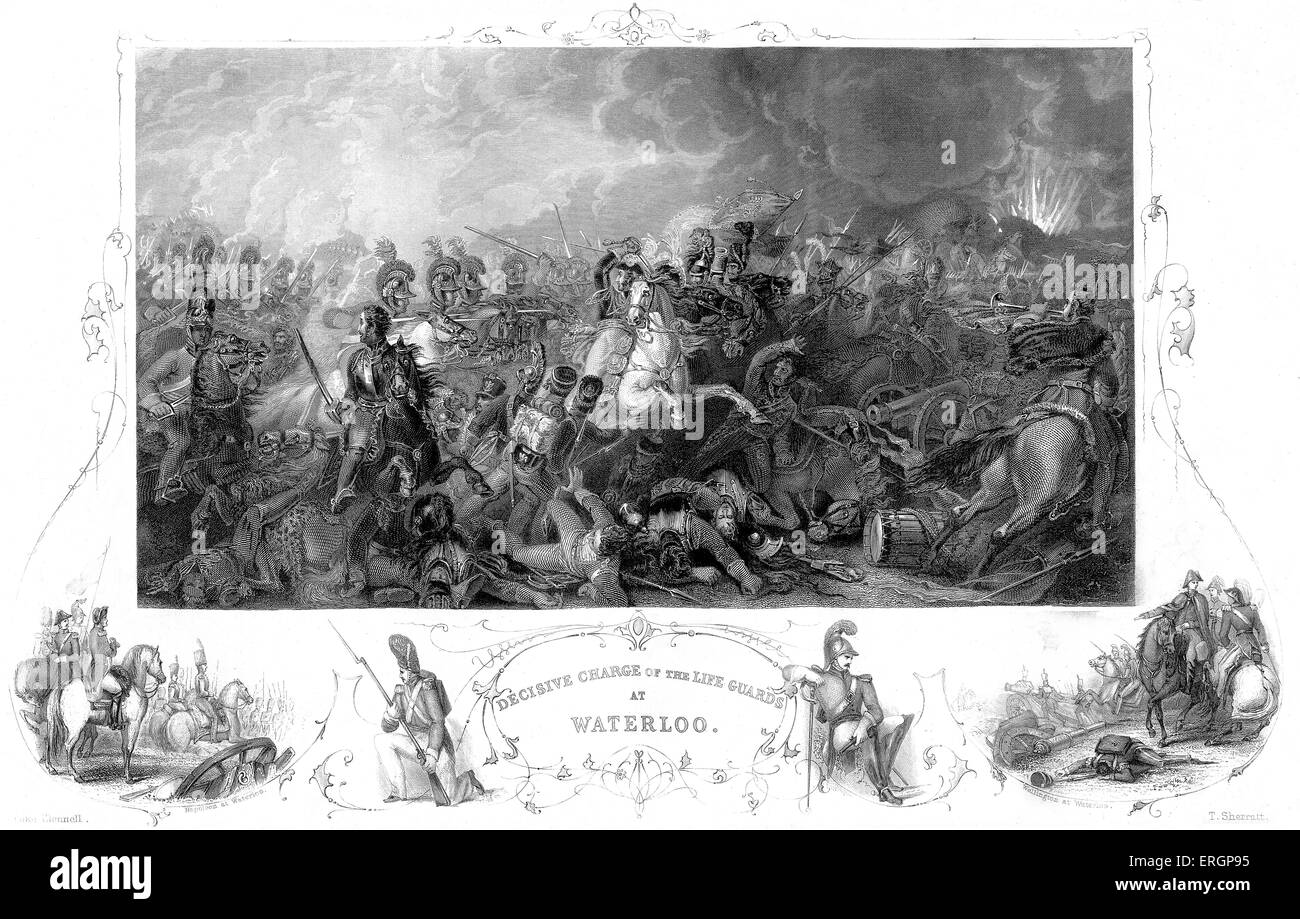 Schlacht von Waterloo. Bildunterschrift lautet "Entscheidende Charge of the Life Guards bei Waterloo." Stahlstich von Sherratt nach Clennell Stockfoto