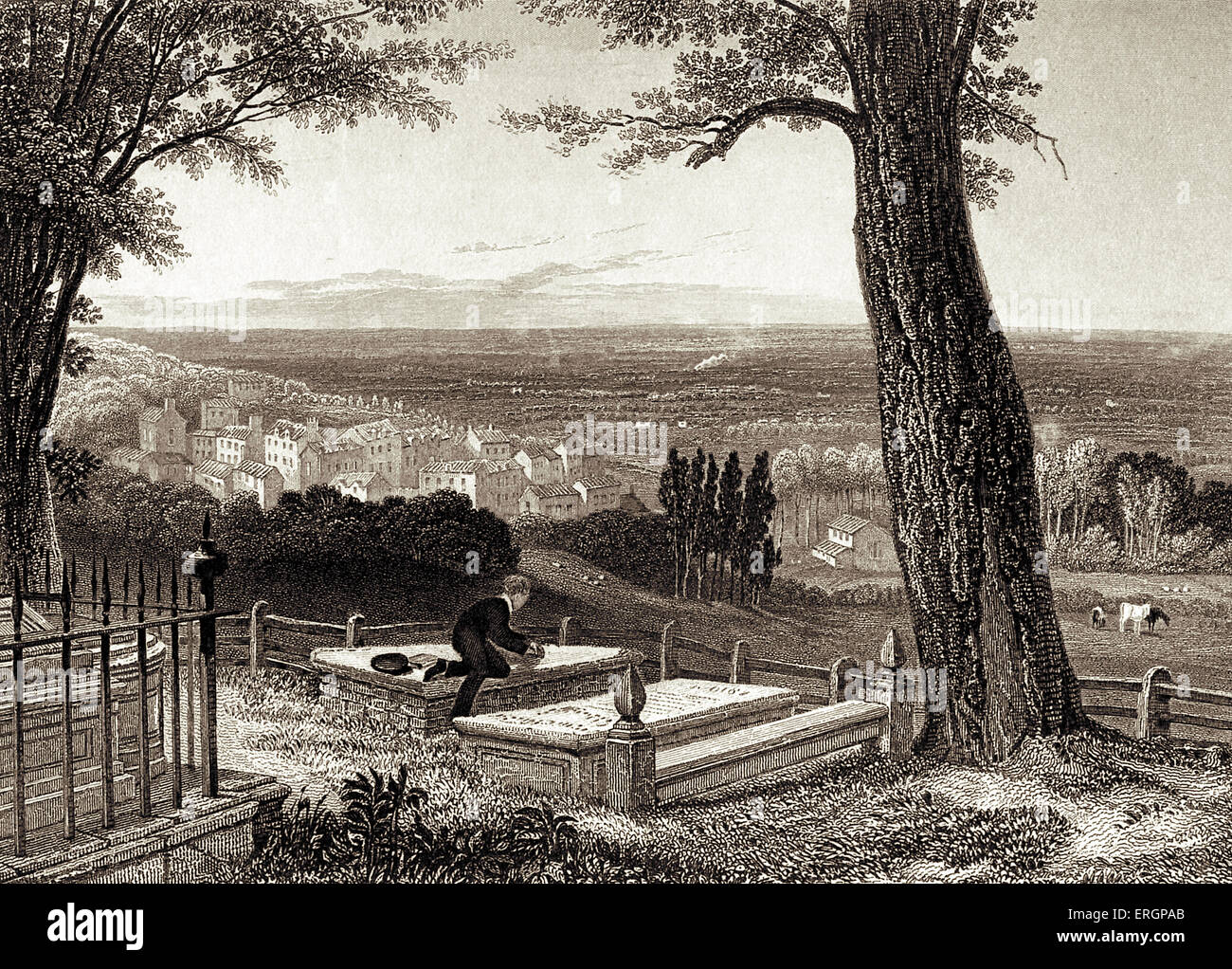 Harrow. Zeigt Lord Byron saß träumt von seinem Lieblings Grabstein - das "Peachy Grab" in St. Marien-Friedhof. Kupferstich von Stockfoto