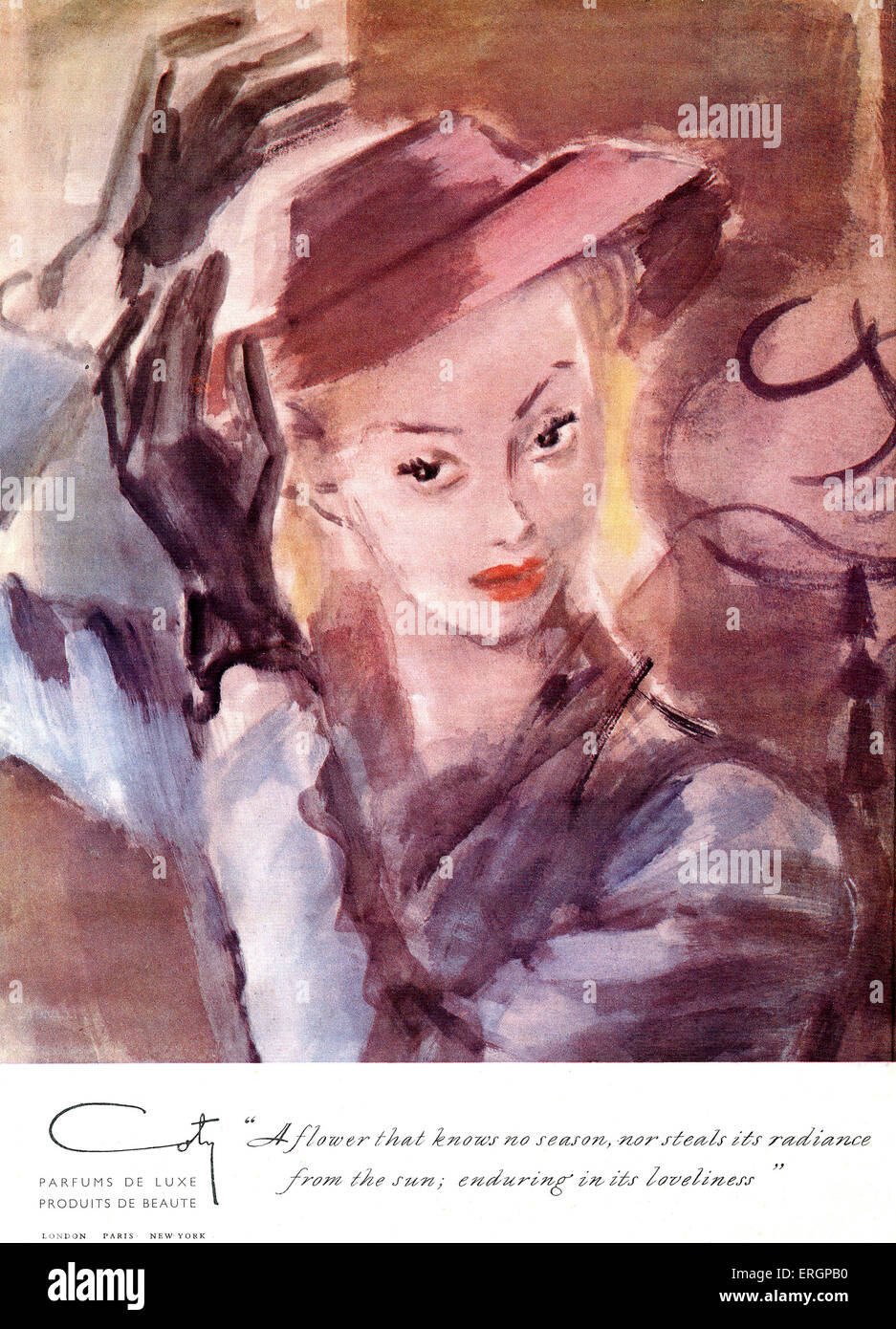 1940 s Werbung für Coty Düfte. Bildunterschrift lautet, "eine Blume, die kennt keine Jahreszeit, noch stiehlt ihr Glanz von der Sonne; Stockfoto