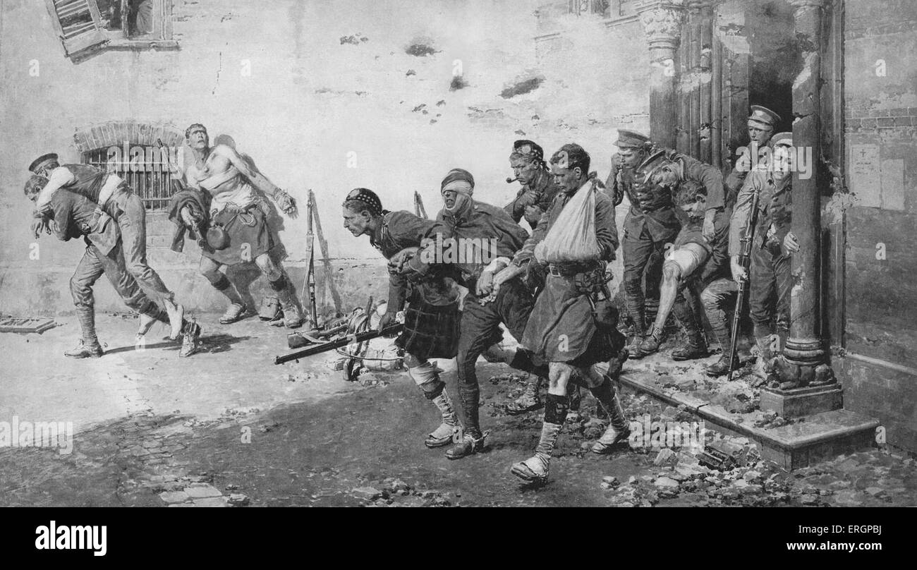 Verwundete Soldaten Flucht aus einer zerbombten Kirche, Frankreich, 1914. Kirchen in Frankreich und Belgien wurden oft als temporäre verwendet. Stockfoto