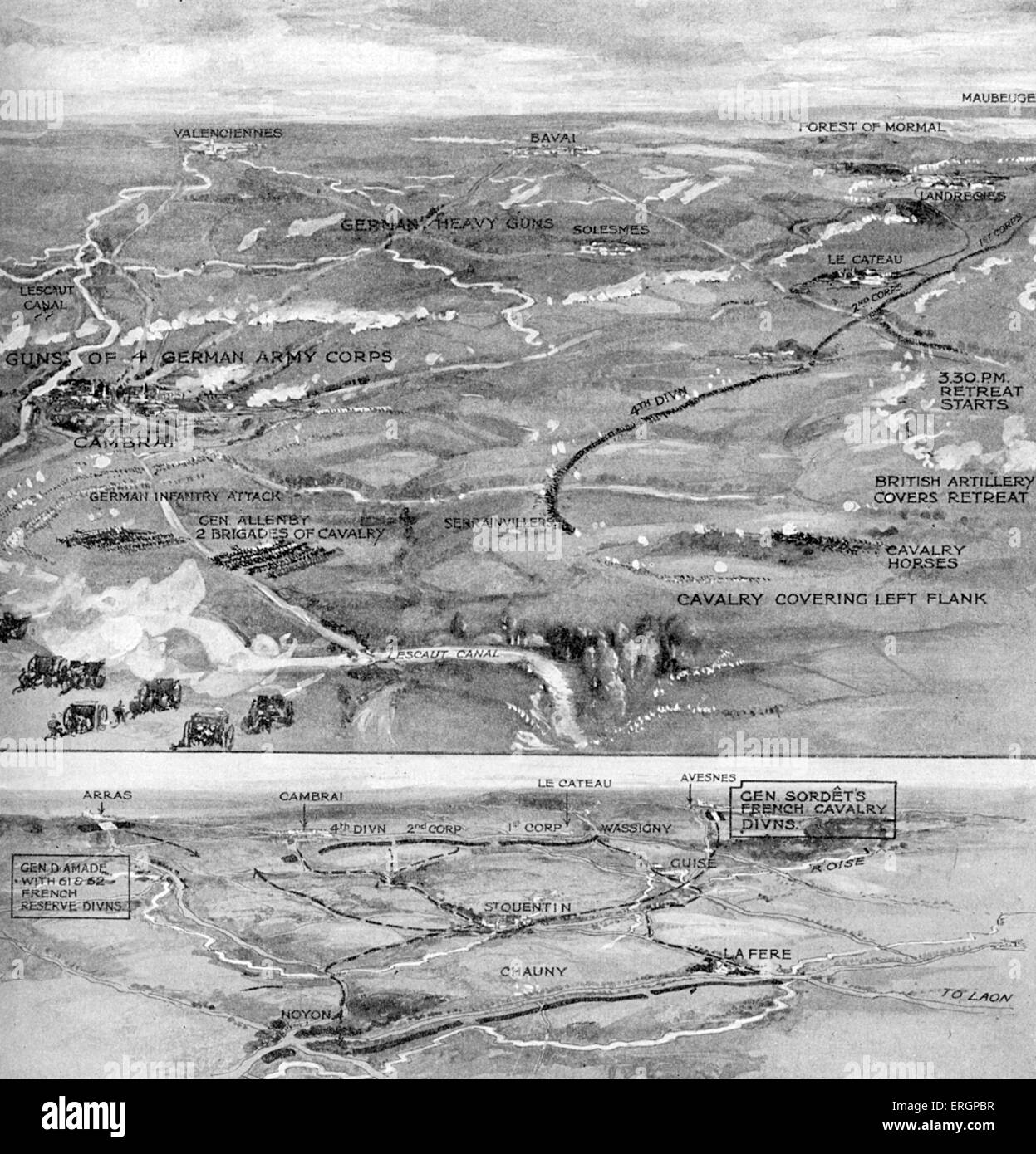 Schlacht von Cateau. Karte zeigt den Rückzug der Briten auf Cateau, mit Golgatha unter der Leitung von General Allenby, mit Unterstützung der Stockfoto