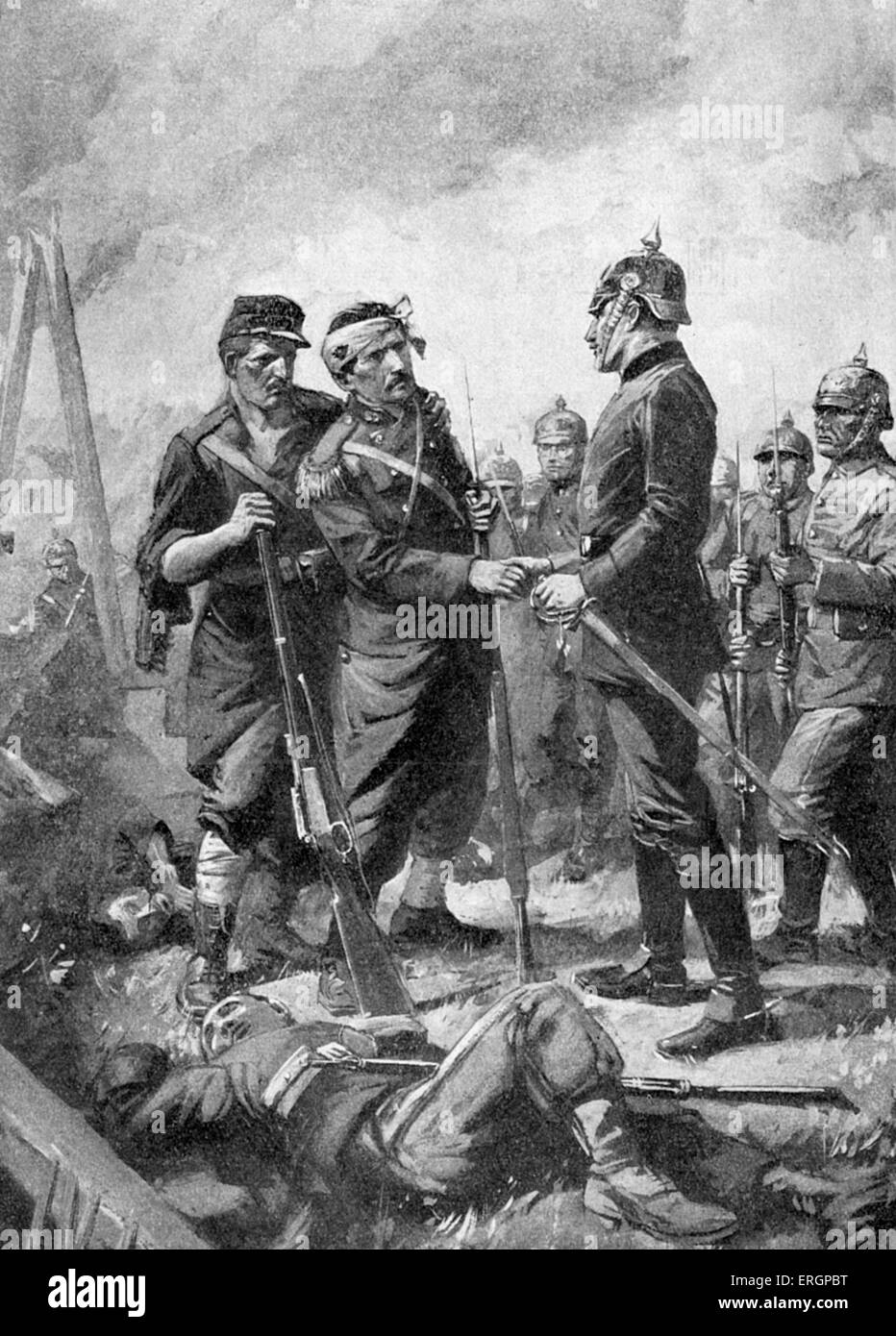 Verwundeten französischen NCO (Unteroffizier) schüttelt die Hand mit einem deutschen Kommandeur, 10. September 1914. Stockfoto