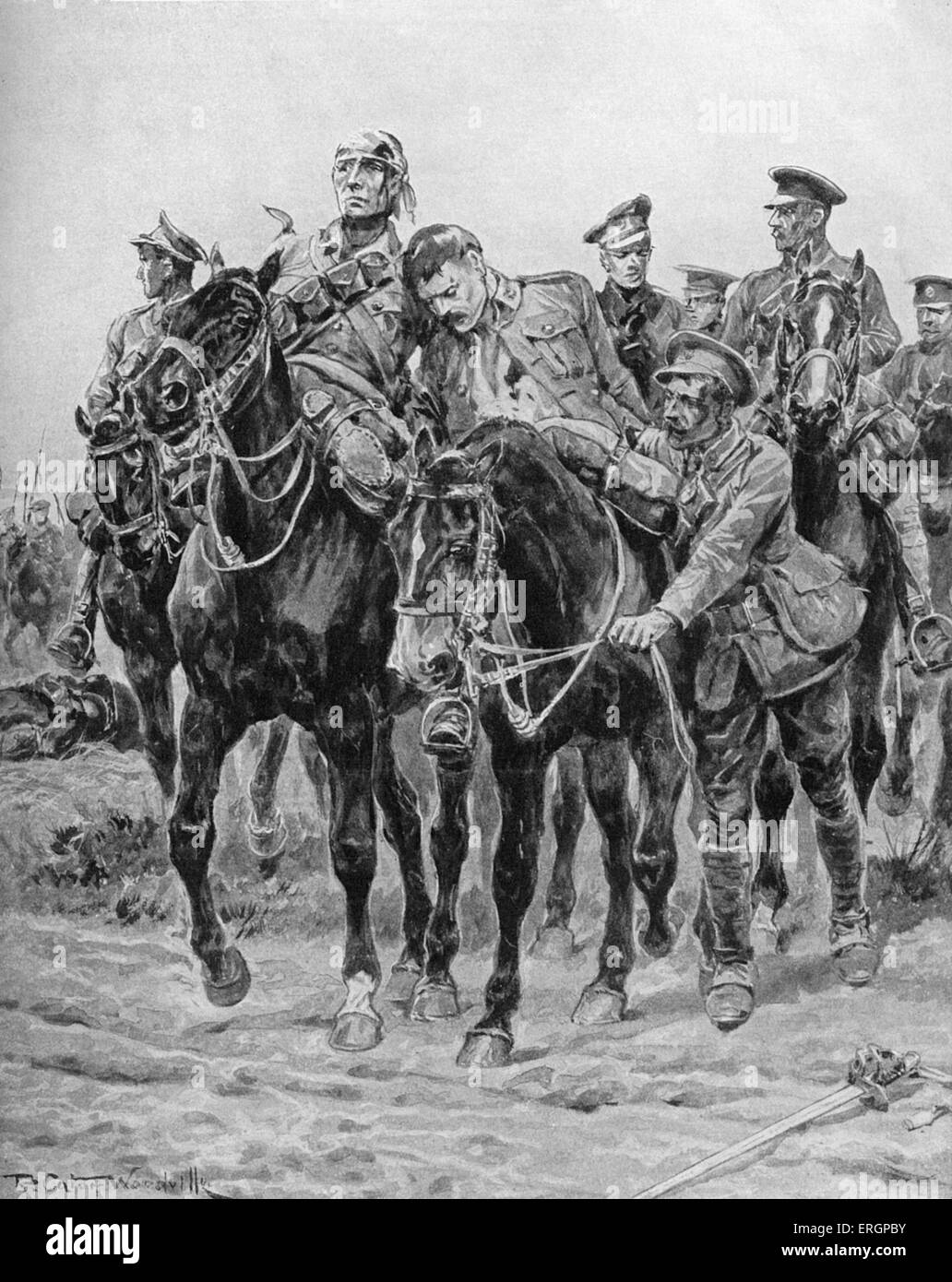 Verwundete britische Soldaten zurück zu Pferd, nach einem Kavallerieattacke. Kavallerie-Division von einem britischen Expeditionary Kraft, unter Stockfoto