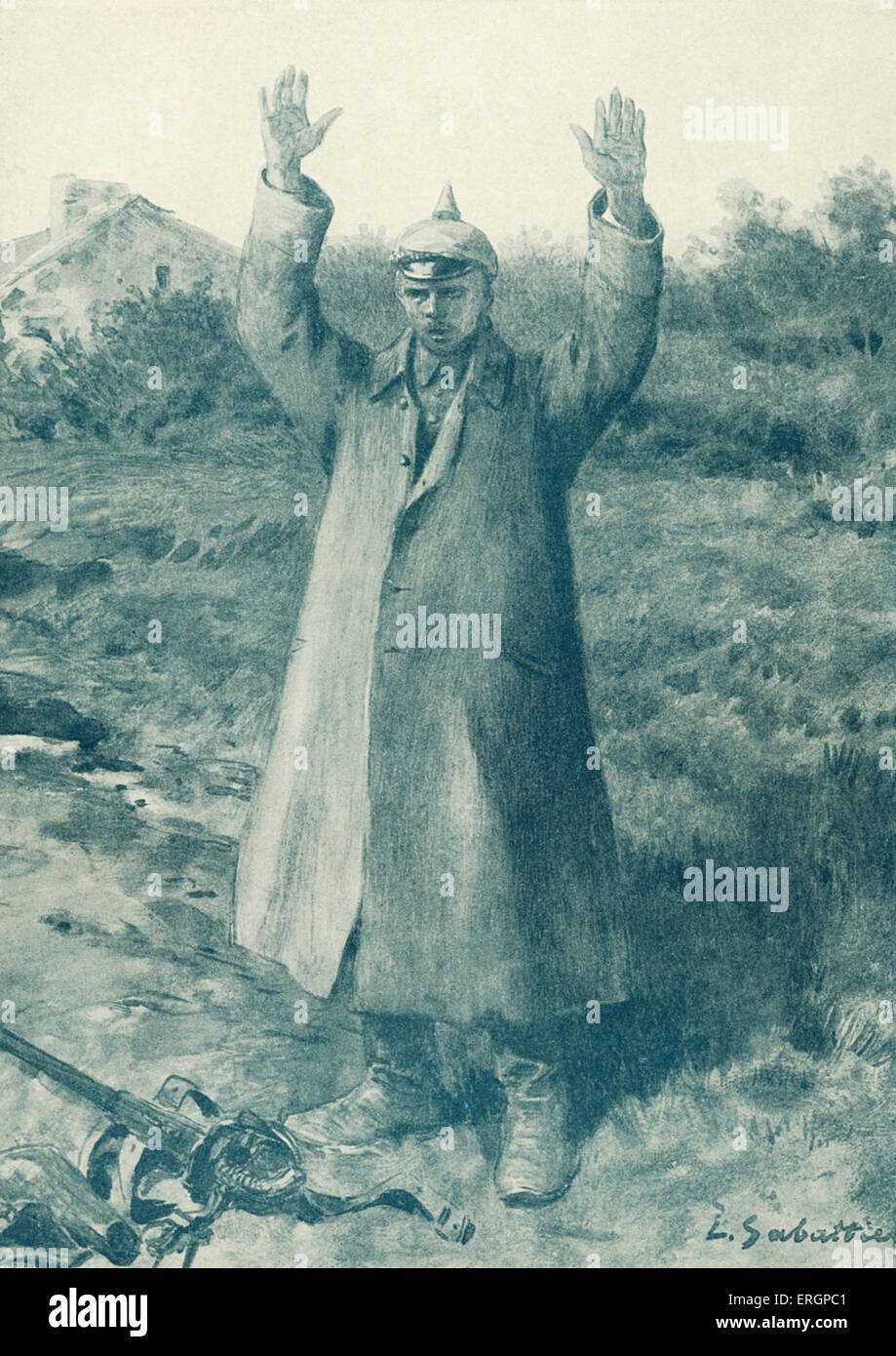 Hands-Up deutsche Methode der Kapitulation. Soldat steht mit seinen Händen in die Luft und das Geschütz zu seinen Füßen, eine häufige Form der Hingabe Stockfoto