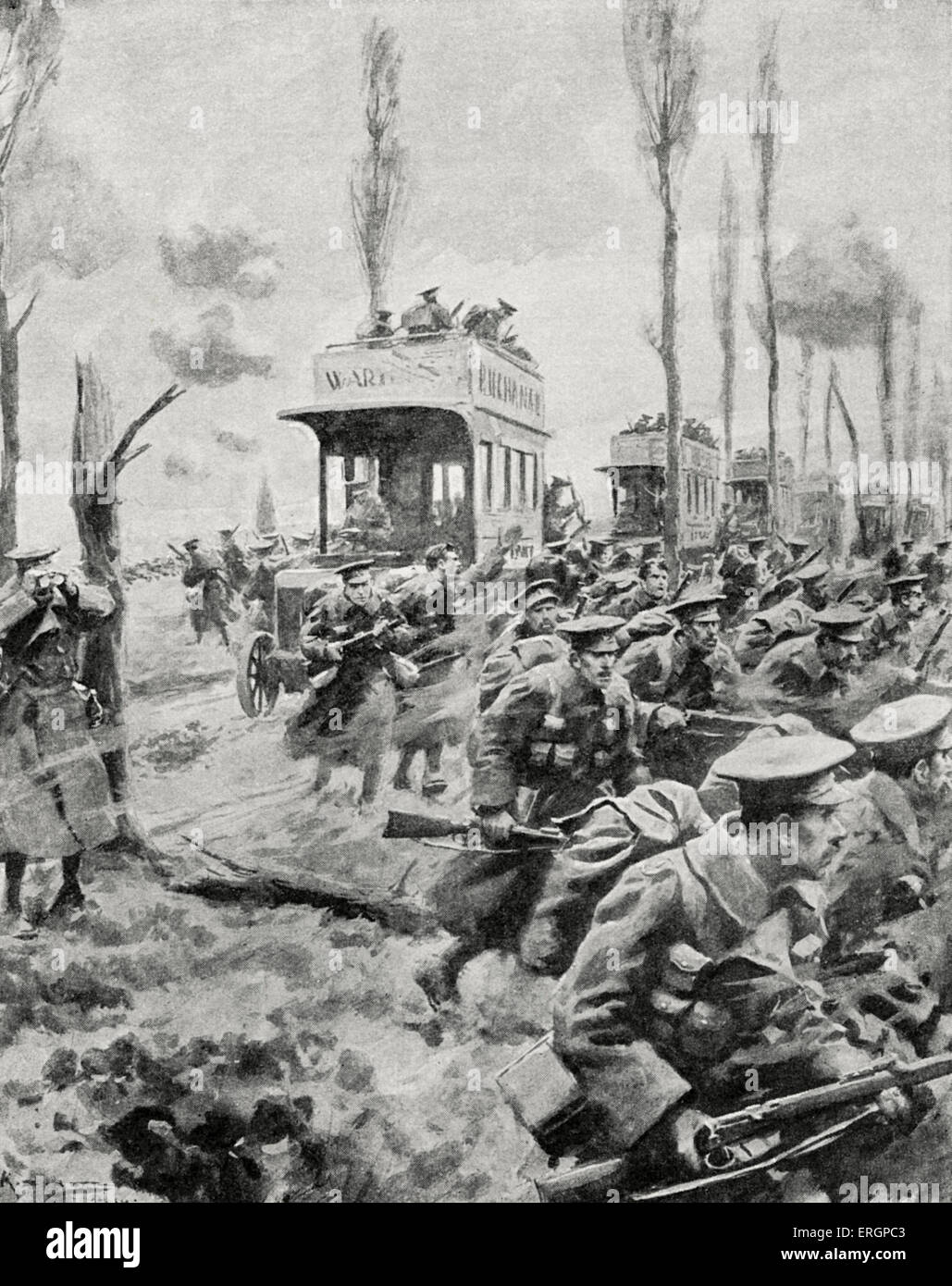 London Bus Transport Soldaten an der Front, sie dienten auch zum transport von Munition und andere Vorräte. Stockfoto