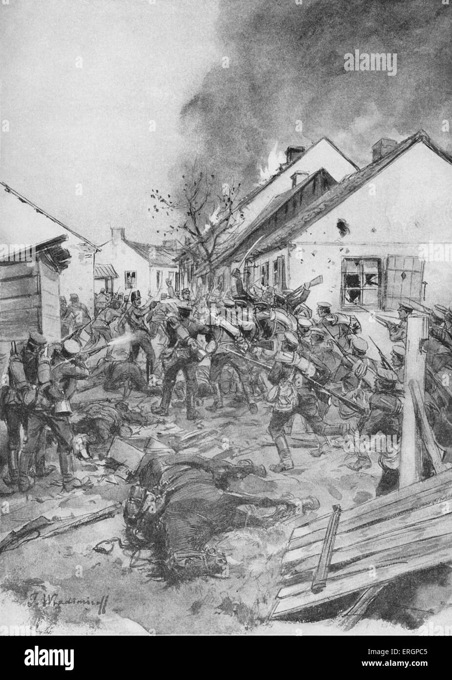 Russische Soldaten stürmen am Stadtrand von Jaroslav / Jaroslaw, Polen. Nach dem Gemälde von M. Vladimiroff. Stockfoto