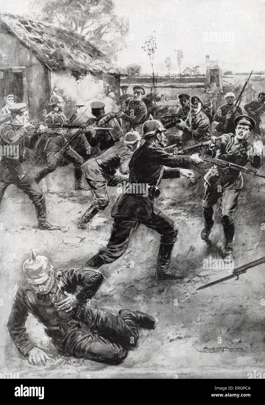 Verwundete britische Soldaten von Yorkshire Light Infantry, laden Sie zur deutschen Soldaten. Stockfoto