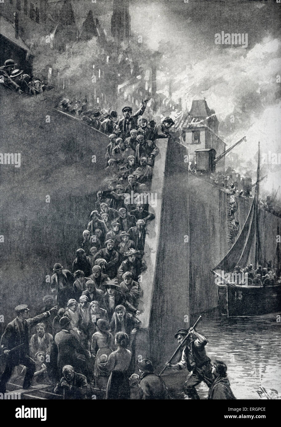 Flucht aus Antwerpen. Während der deutschen Bombardierung der belgischen Stadt (28. September – 10. Oktober 1914) Panik befallen Stockfoto