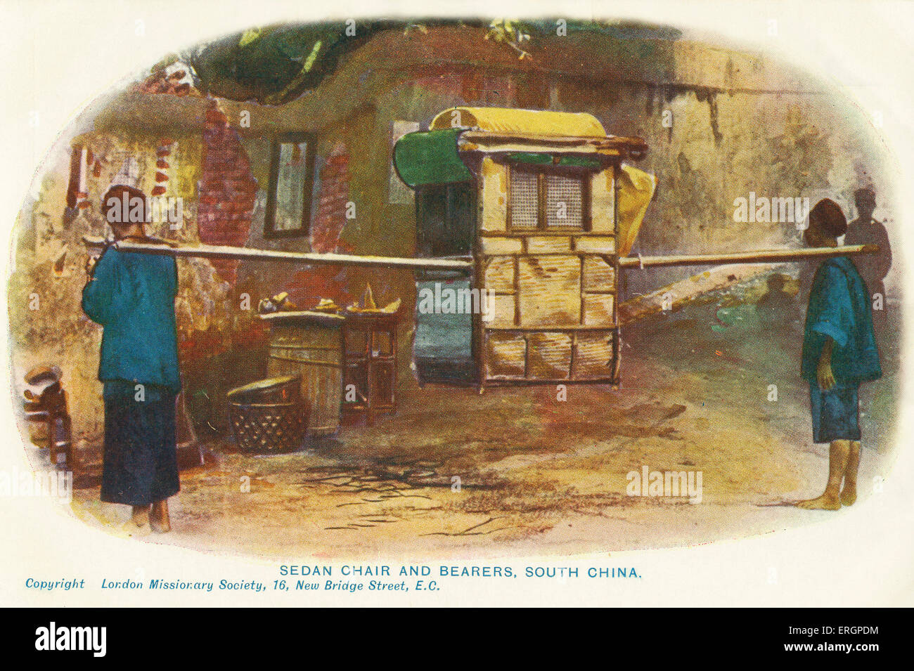 Chinesische Sänfte und Träger. Postkarte von der London Missionary Society. Stockfoto