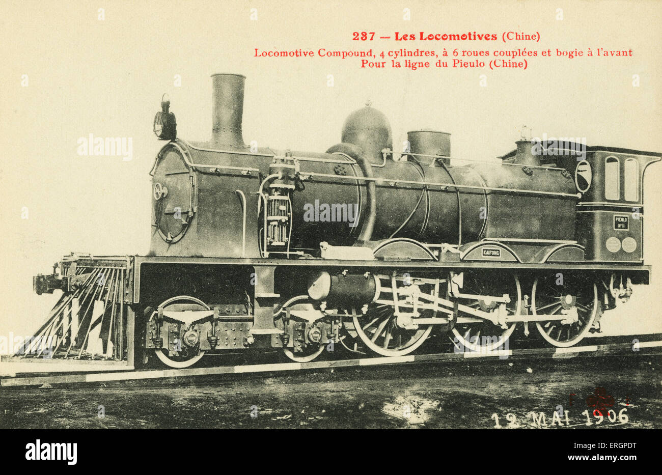 Chinesische Dampfzug, Pieulo Eisenbahnlinie, 12. Mai 1906. Lok Compound mit 4 Zylinder und 6 Fahrwerk Räder. Stockfoto