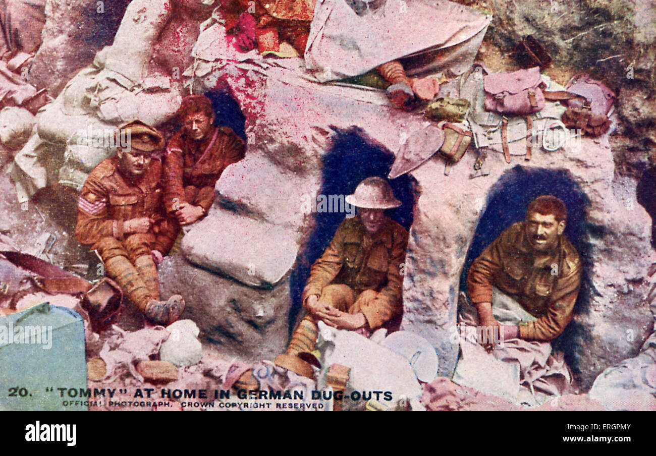 WW1 - britische Soldaten in deutschen Einbäume, Westfront. Bildunterschrift lautet: "unsere"Tommies"bald machen sich zu Hause in der Stockfoto