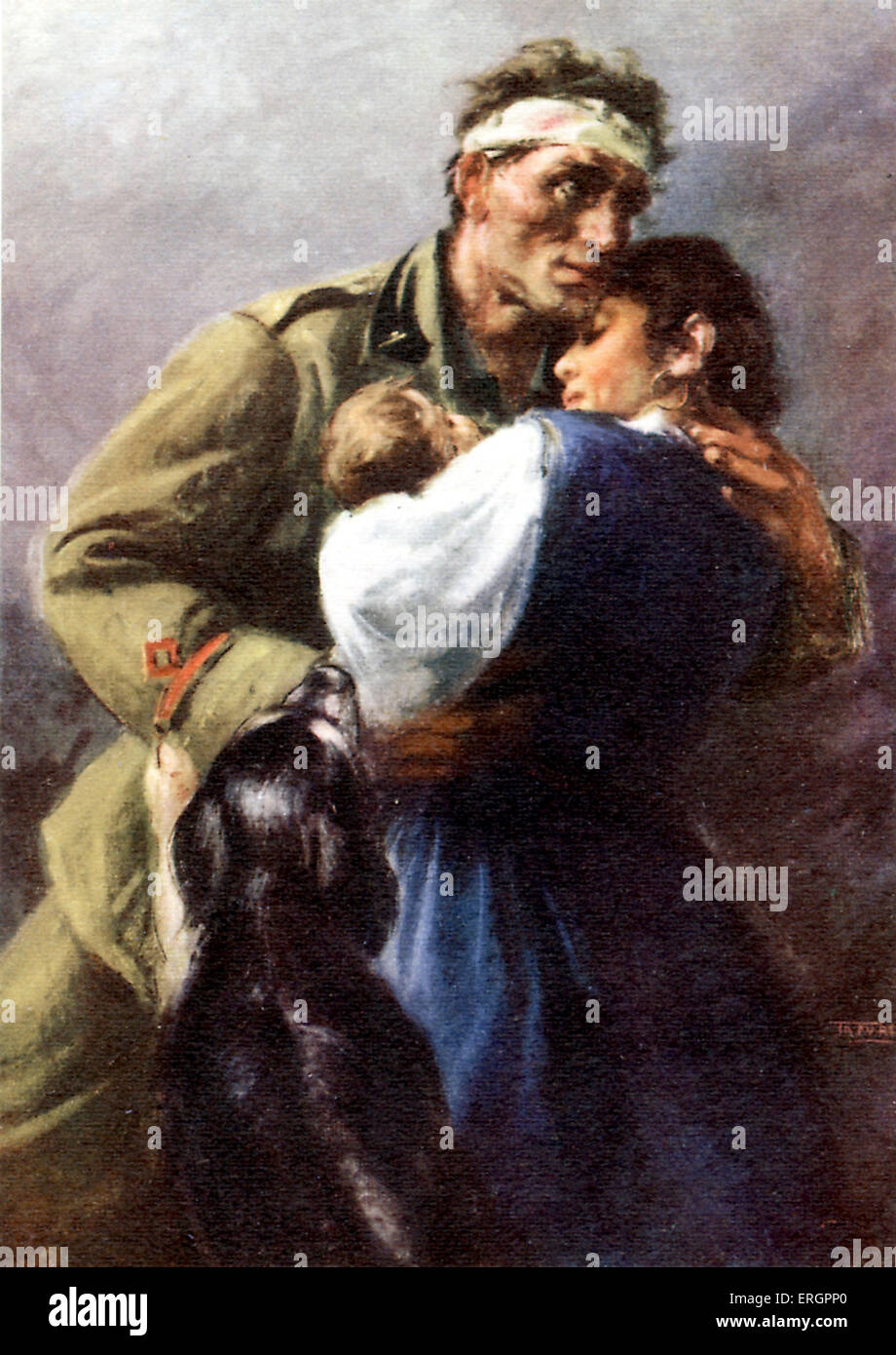 Italienische Propaganda Postkarte. Bandagierte Soldat umarmt seine Frau, Kind und Hund. Bildunterschrift lautet: "die Italiener haben Stockfoto