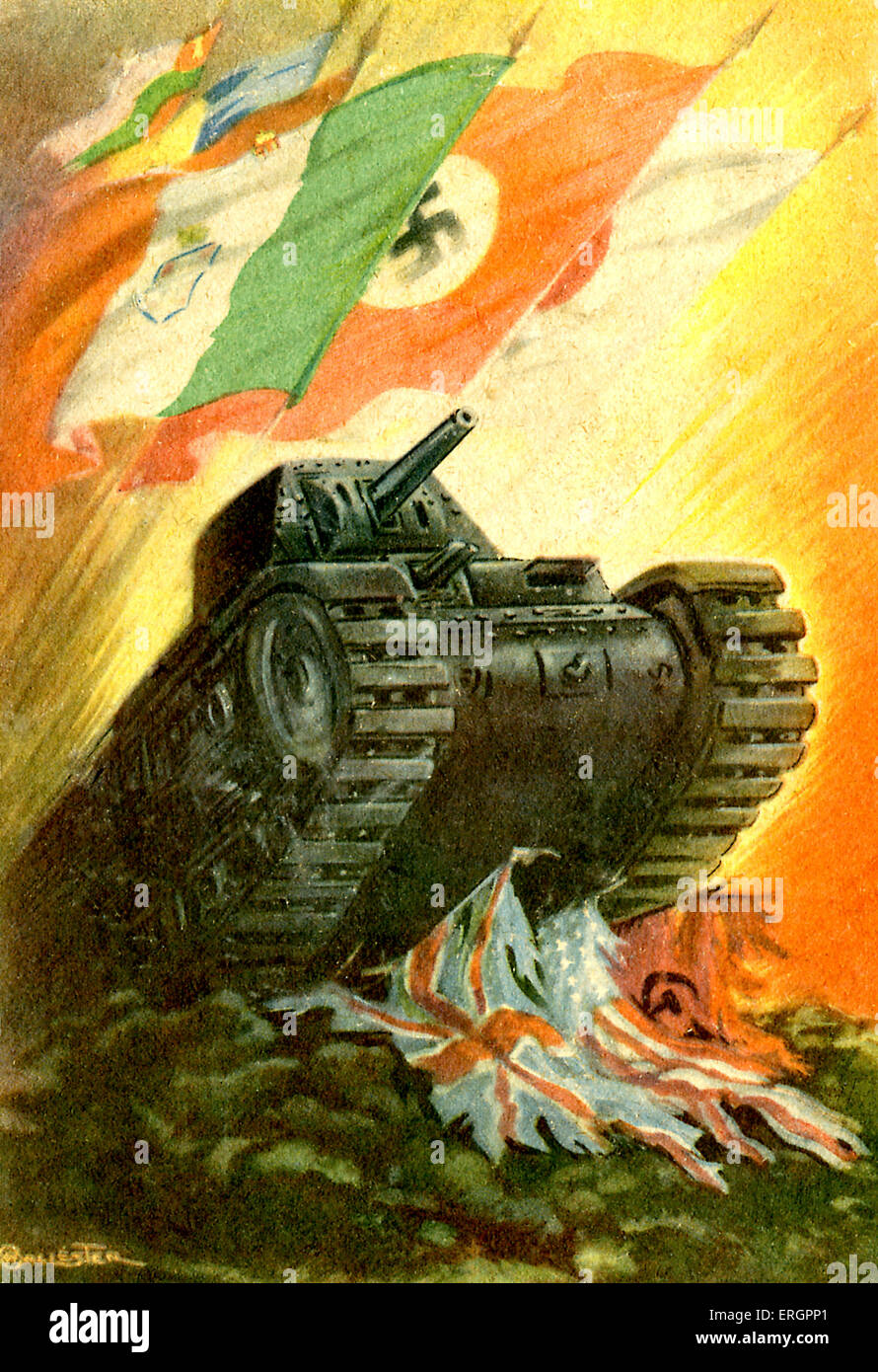 Italienische Propaganda Postkarte. Italienisch, deutschen und japanischen Fahnen über einen Panzer brechen die zerlumpten Fahnen der Vereinten Nationen fliegen Stockfoto