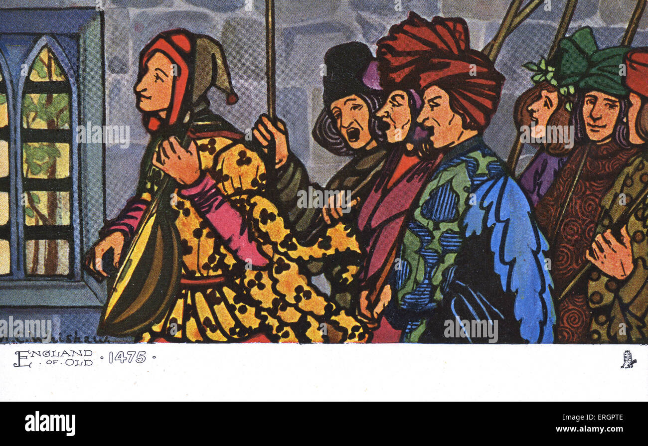 Gruppe des Singens mittelalterliche Figuren, begleitet von einem Lautenisten. Männer tragen über Kleider mit gemusterten drapiert und verdreht Stockfoto