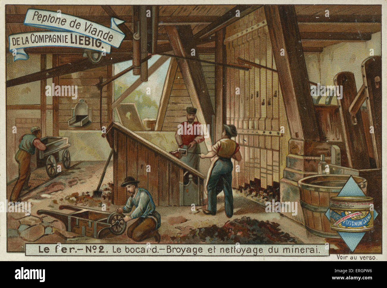 Arbeiter, Schleifen und reinigen von Eisenerz aus einer Mine. Workshop-Szene. Aus einem Rezept-Karte zur Liebigs extrahieren von Fleisch. Stockfoto