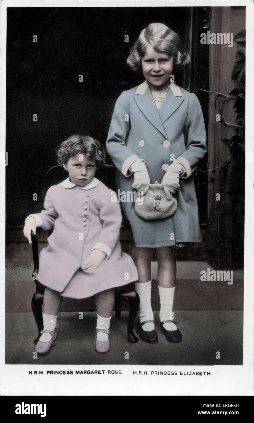 Prinzessin Margaret und Prinzessin Elizabeth, die königlichen Schwestern, als Kinder, 1930er Jahre. Fotograf nicht bekannt. Stockfoto