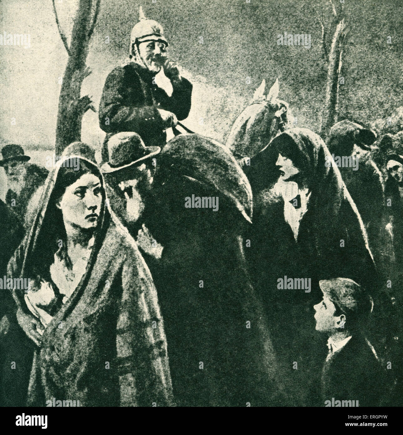 Deutsche Besetzung Belgiens. Ein deutscher Soldat auf dem Pferderücken wacht über eine Gruppe von Frauen, Kindern und älteren Männern. Nach Stockfoto