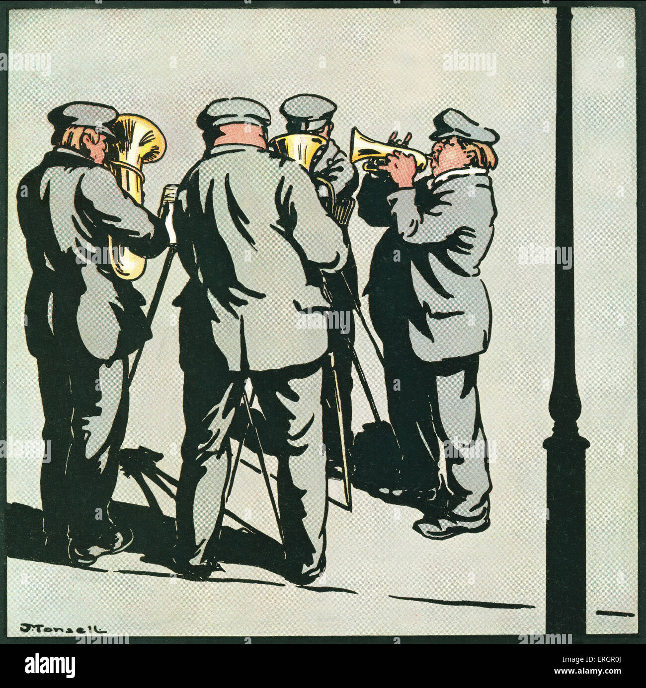 Gruppe von Männern in Anzügen und Schiebermütze Brass Instrumente spielen. Nach der Abbildung von John Robert Monsell. Klar copyright Stockfoto