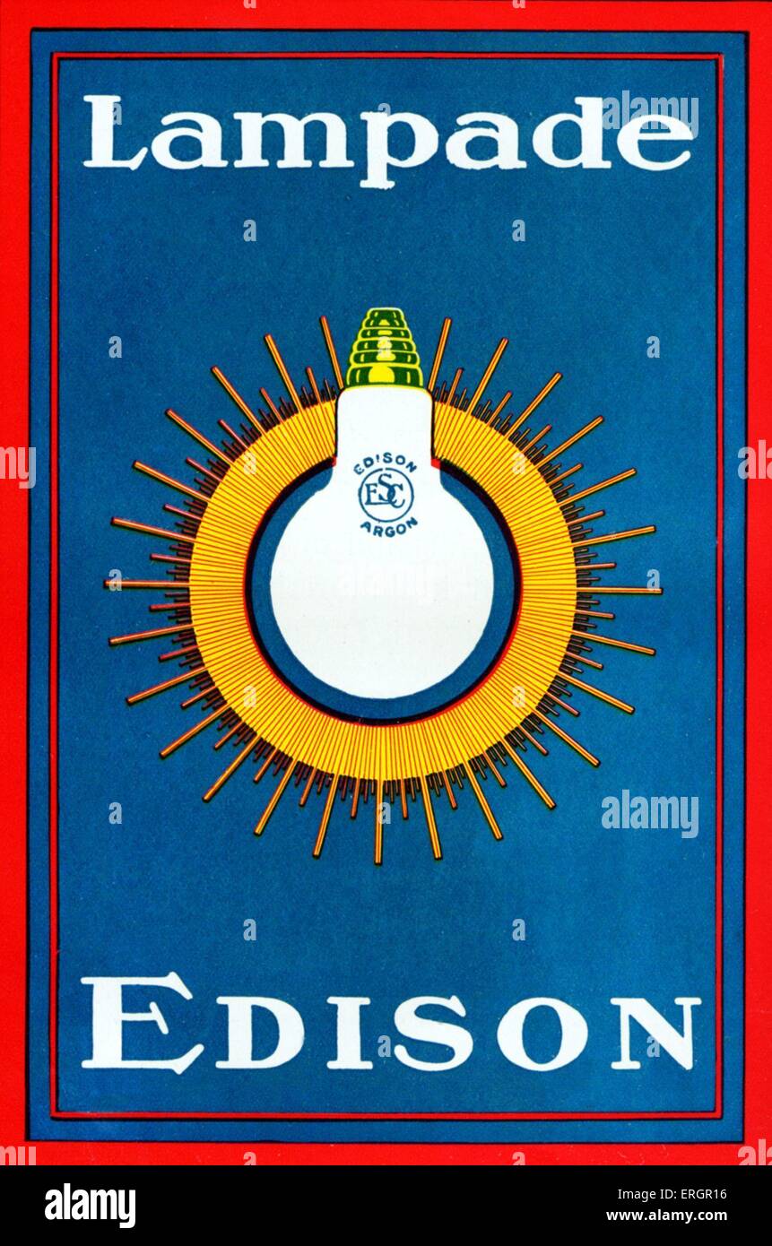 Thomas Edison, italienische Werbung für Glühbirne, Lampade, 1920er Jahre. US-Erfinder, Ingenieur und Hersteller, 1847-1931. Entwickelt Stockfoto