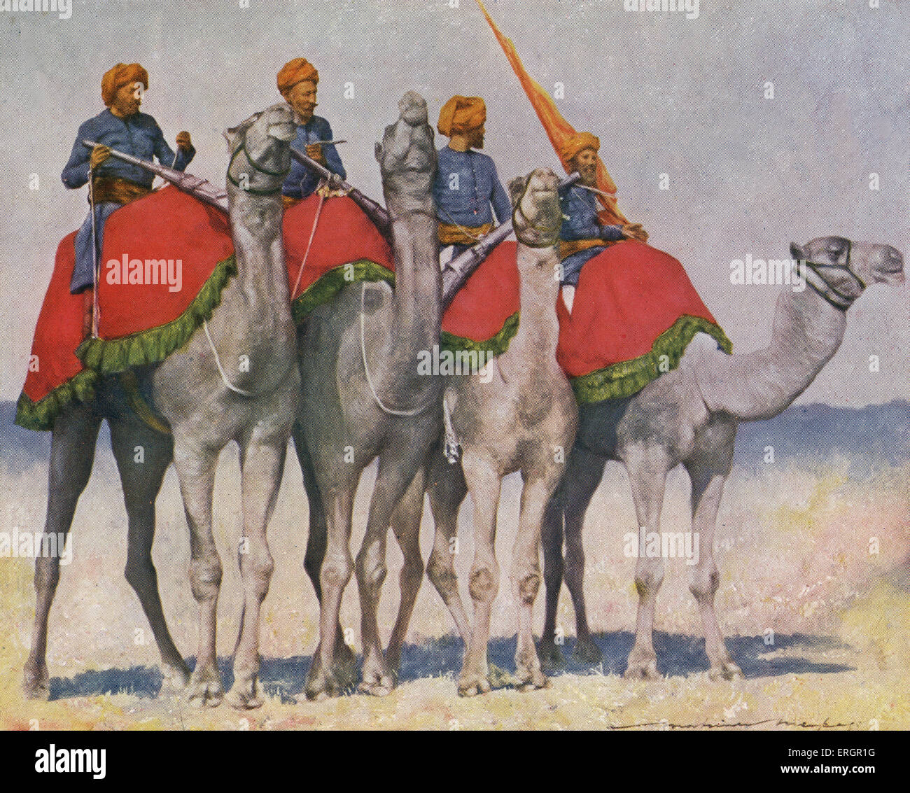 Kamel Kavallerie / Camelry von Alwar, Indien. Soldaten in einer Uniform blau kragenlosen Jacken und orange Turbanen sitzen auf Stockfoto