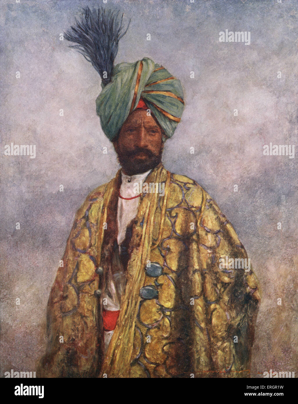 Kashmiri Soldat trägt einen aufwendigen golden bestickten Umhang und ein Türkis und Gold gefiederten Turban.  (Australische Künstler Stockfoto