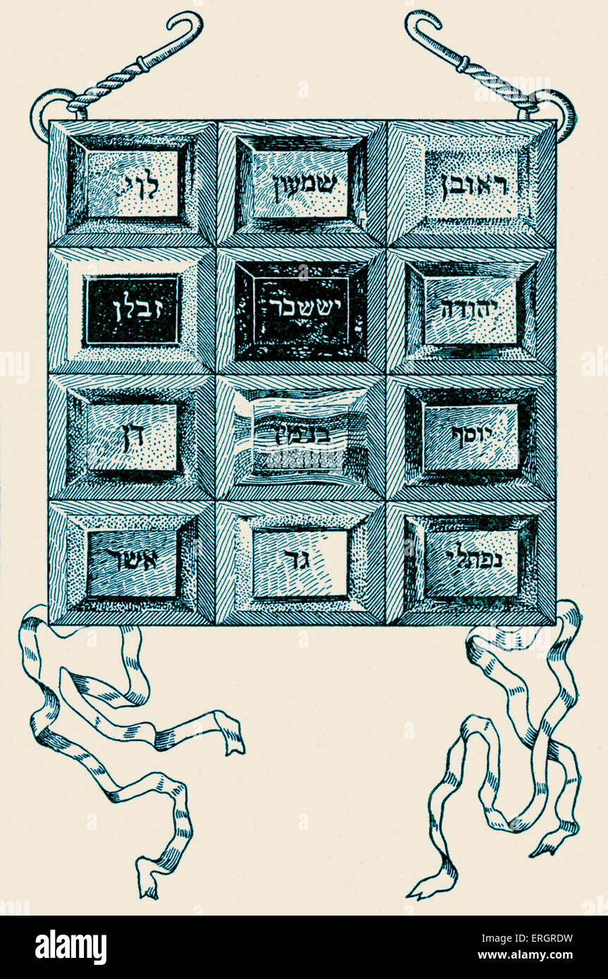 Brustschild des Hohepriesters mit hebräischer Inschrift die Namen der zwölf Stämme. Richtungen für die Herstellung der Brustpanzer in Exodus Xxviii 13-30 und Xxxix 8-21 erscheinen. Stockfoto