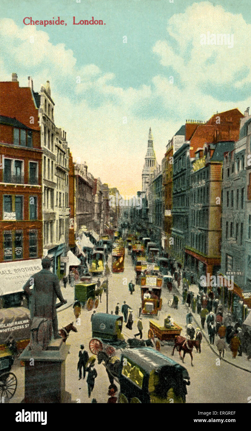 LONDON - Cheapside - Ende des 19. Jahrhunderts mit Pferdekutsche Busse & Wagen. Straße Stockfoto