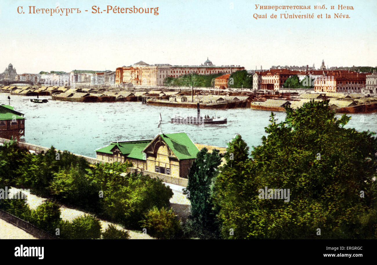 St. Petersburg Universität Böschungs- und Ansicht. der Winterpalast der anderen Seite des Flusses Néva.  Vor der Revolution. Stockfoto