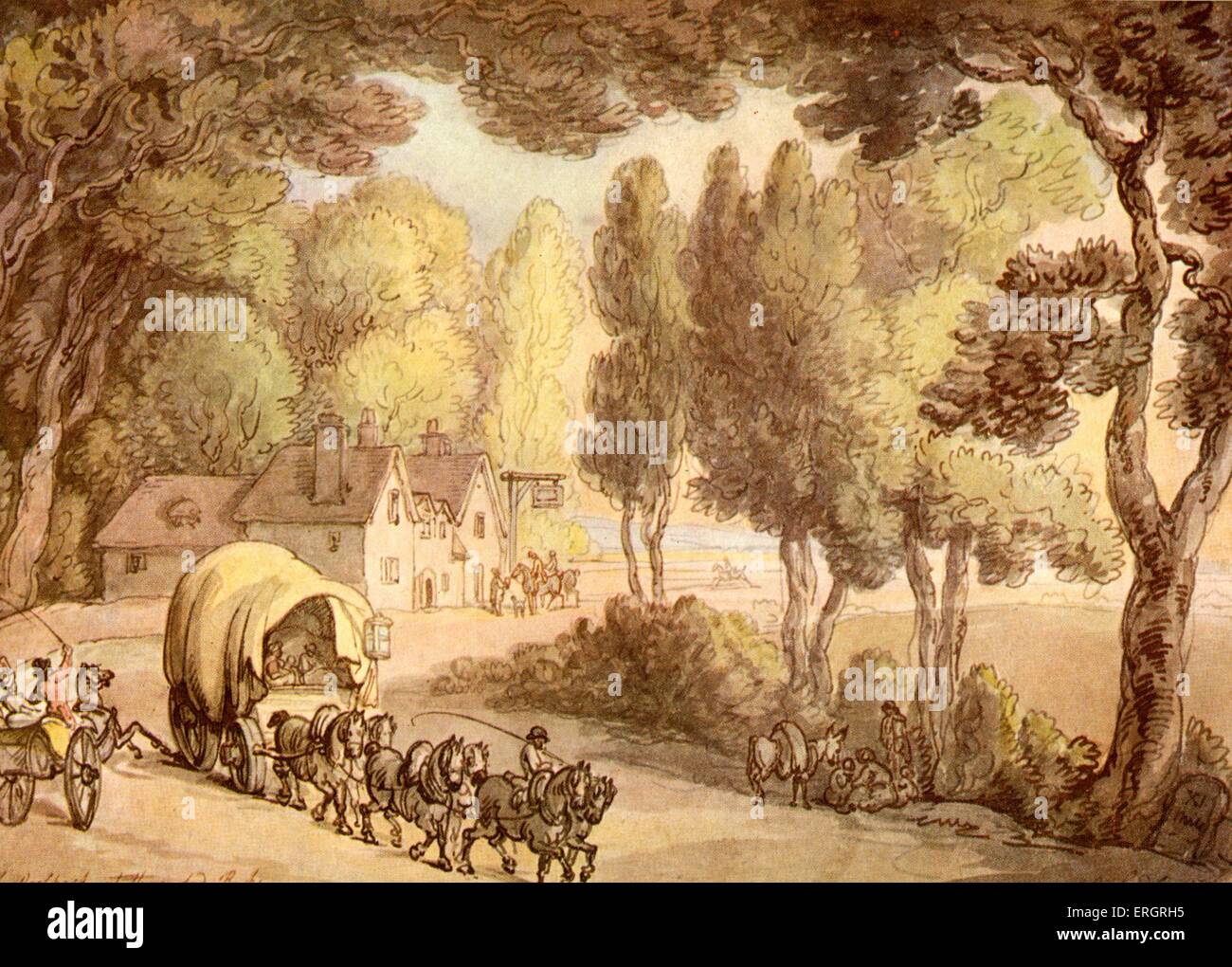 Woolpack Inn, Hungerford, Aquarell von Thomas Rowlandson, 14. Juli 1756 - 22. April 1827.  Pferde, Wagen.  Vom Rand des Wassers. Stockfoto