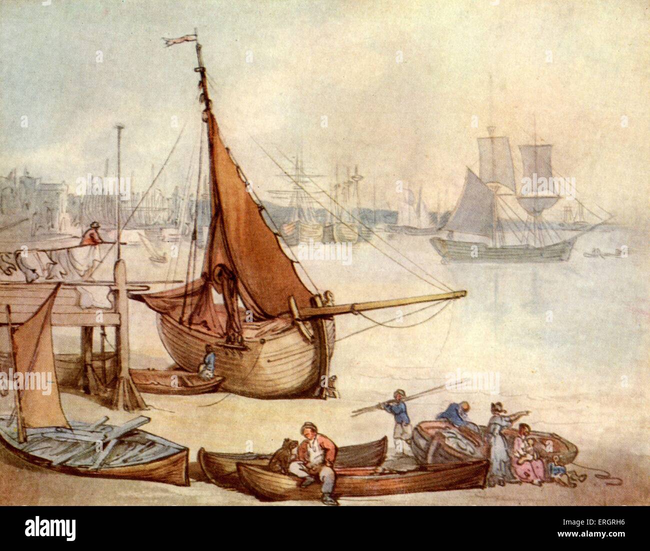 Greenwich, Aquarell von Thomas Rowlandson 1756-1872.  Boote, Schiff, Kai, Fischer, Docklands. Stockfoto