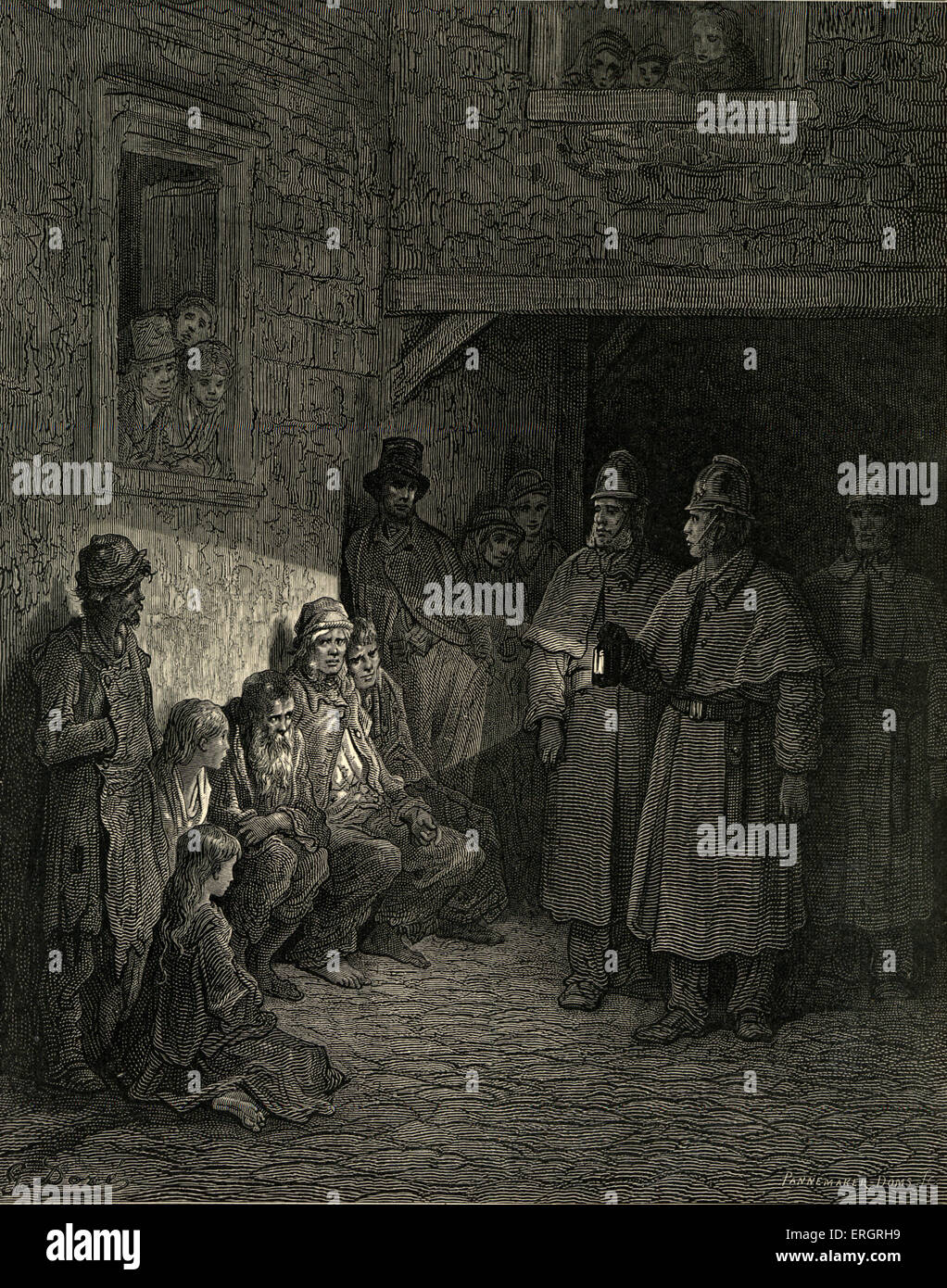 Die Bulls Eye, Stich von Gustave Doré. Polizist leuchtendes Licht auf Landstreicher in den Straßen von Dickens' London. "London, ein Stockfoto