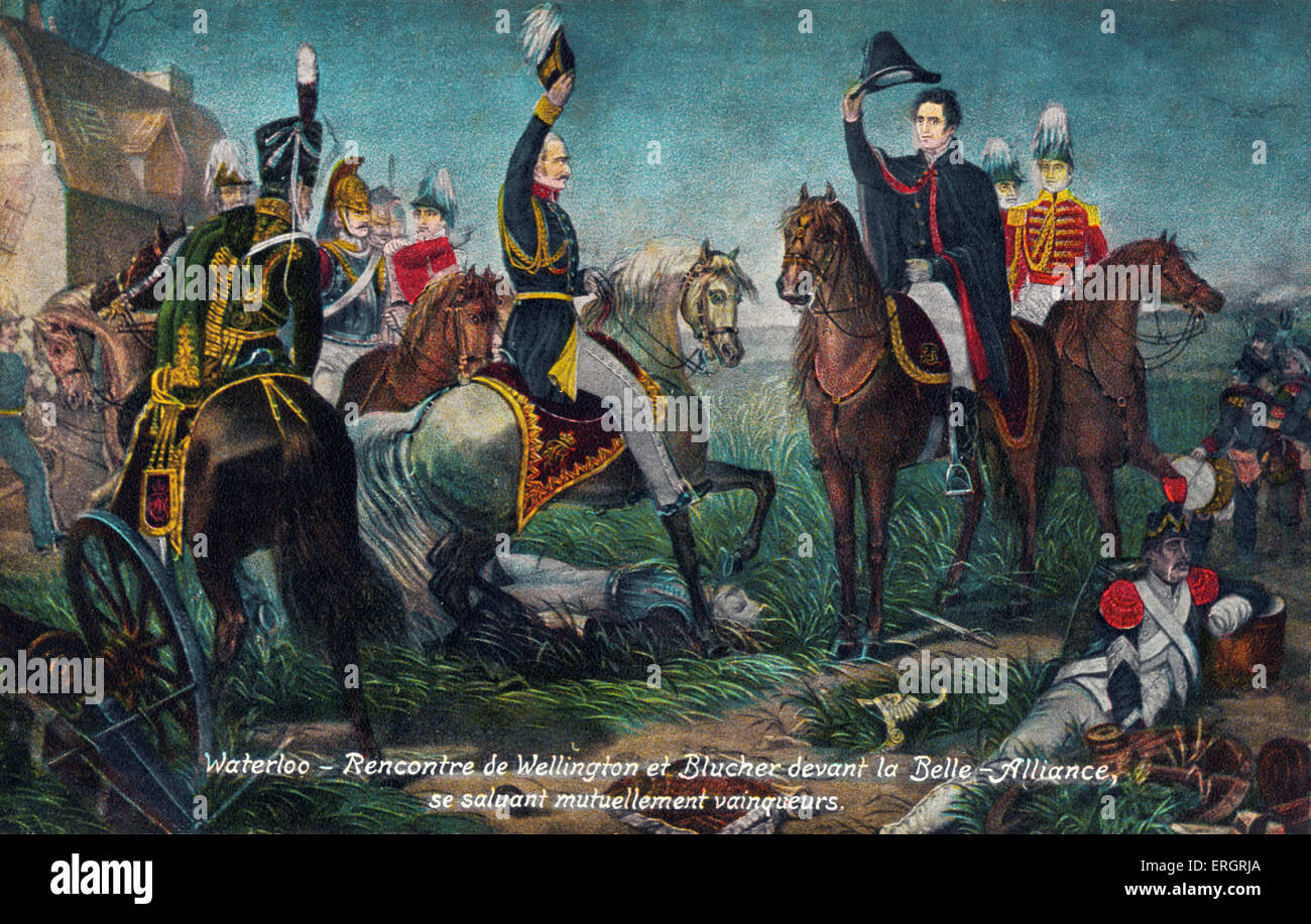 WATERLOO, Schlacht - Gruß von Wellington und Blücher vor der Belle-Alliance 1815. Napoleon. Verbündete. Stockfoto