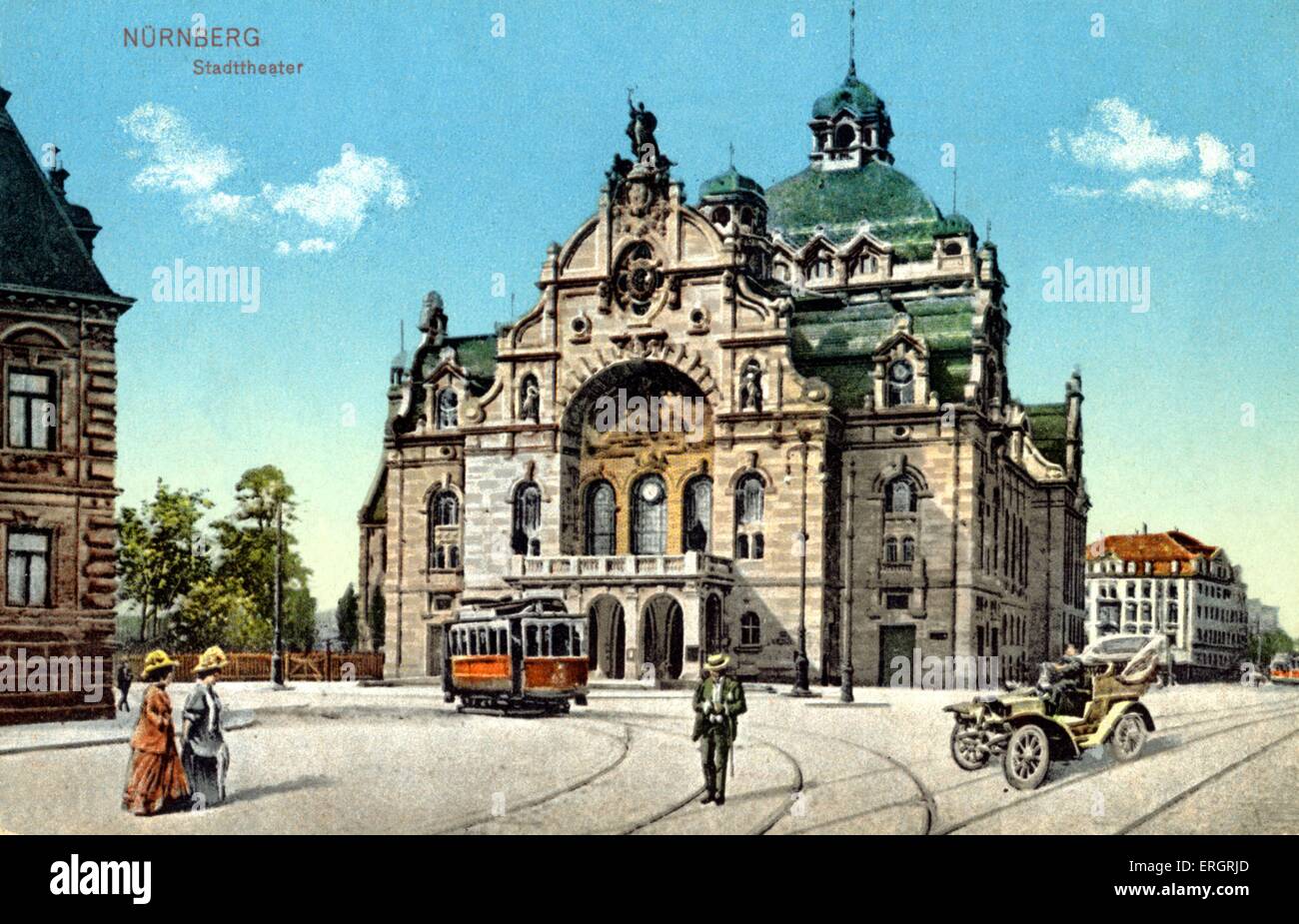 Stadttheater in Nürnberg (Nürnberg) im frühen 20. Jahrhundert. Bayern, Deutschland.  Straßenszene. Farbausführung Postkarte Stockfoto