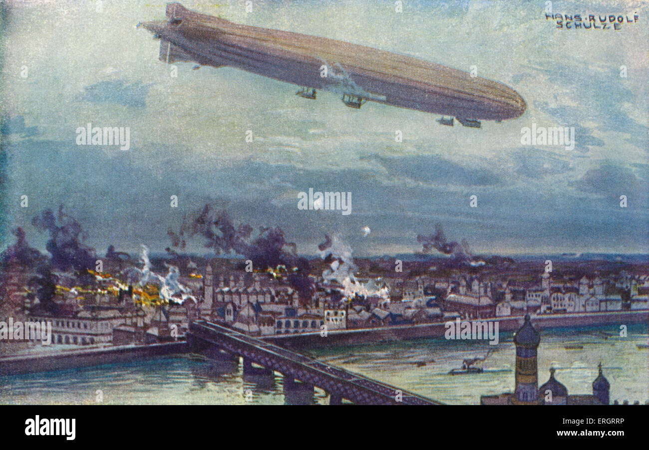Weltkrieg - Bombardierung von Warschau durch das Luftschiff Schütte-Lanz (sehr ähnlich wie der Zeppelin). Aquarell von Hans Rudolf Stockfoto