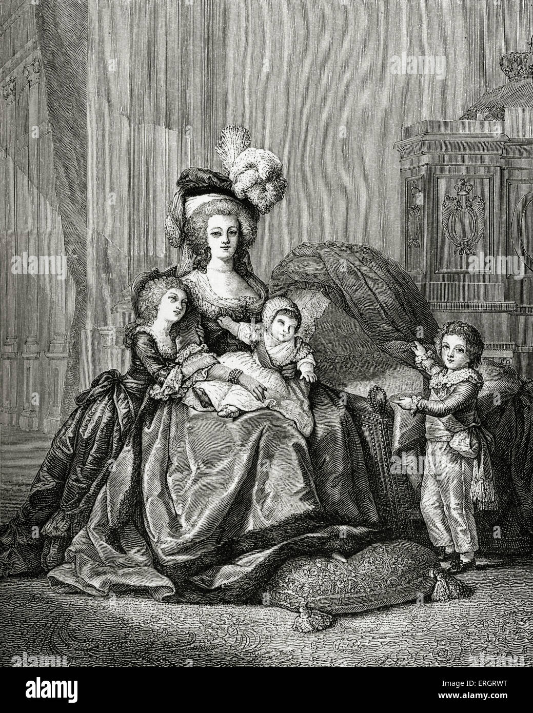 Marie-Antoinette, Königin von Frankreich und ihre Kinder: Louis-Joseph-Xavier-François (1781-1789), Louis-Charles-de-France (b. Stockfoto