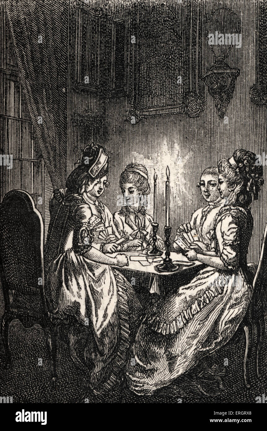 Französisch aristokratische Damen an einem Spieltisch Spielkarten bei Kerzenschein.  18. Jahrhundert Alltag am Hof, Louis XV, Stockfoto