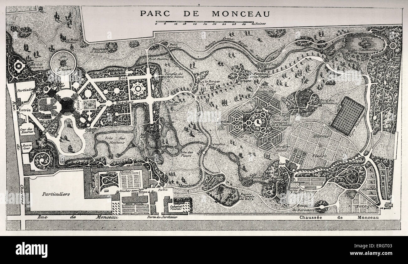 Karte von Parc de Monceau, 1718, Frankreich, während der Herrschaft von Louis XV. 18. Jahrhundert Mode, Architektur, Gärten, Park. Stockfoto
