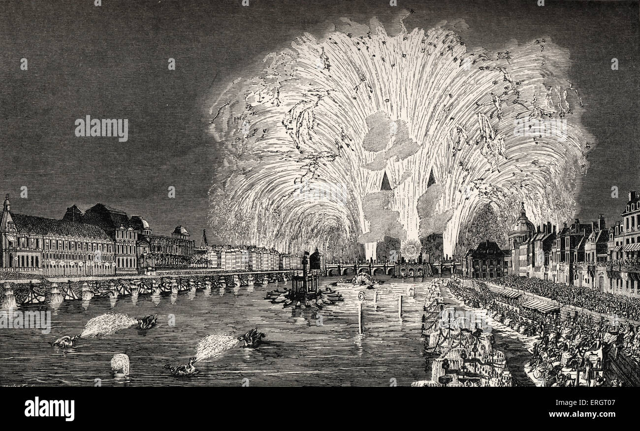 Alltag in der Geschichte Frankreichs: Feuerwerk auf dem Pont-Neuf, Paris, 1745. Menschenmenge bestaunen technisch / wissenschaftlichen Fortschritte in Stockfoto