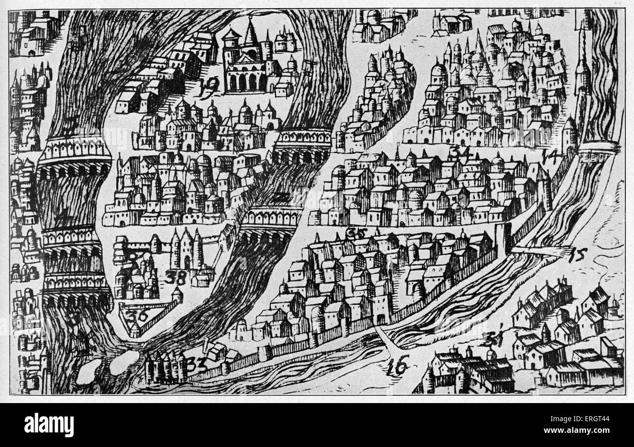 Karte von Paris im 16. Jahrhundert.  Gravur, einschließlich das Universitätsviertel oben Nr. 34. Übernommen aus: ein Fragment von der Stockfoto