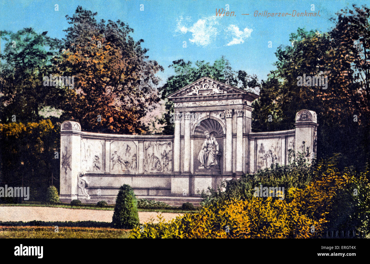 Grillparzer-Denkmal in öffentlichen Gärten, Vienna / Grillparzer-Denkmal, Volksgarten, Wien.  Hand getönte Postkarte Franz Stockfoto