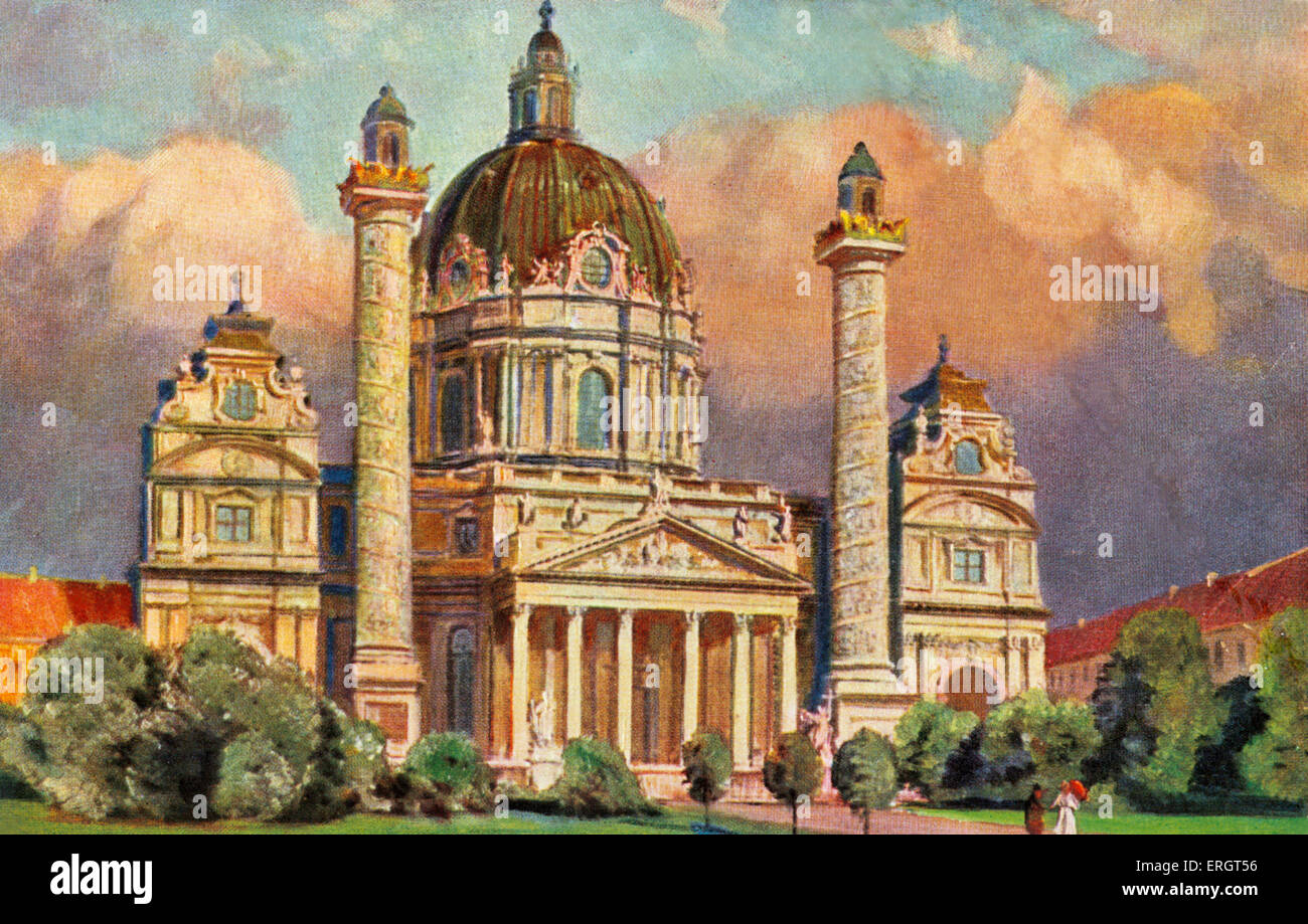 Kirche von St. Charles, Karlsplatz, Vienna / Karlskirche, Karlsplatz, Wien.  Farb Postkarte von ein Aquarell. Errichtet zu Ehren St. Stockfoto