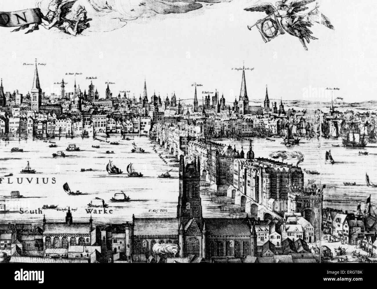 London Skyline - Visschners "Weitblick" von London von der Südseite der Themse 1616. Karte. Panorama Stockfoto