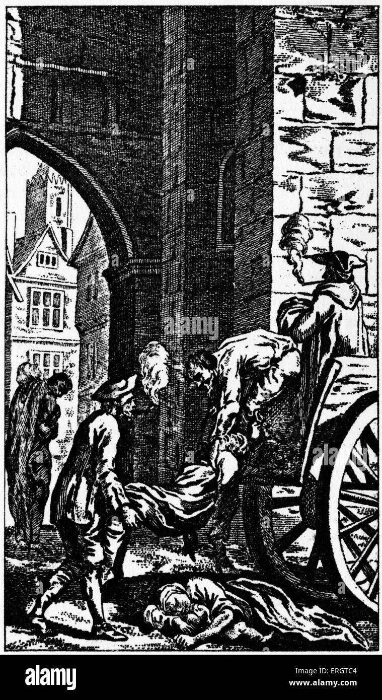 Die große Pest in London - 1665 Illustration von Männern, die Leichen auf einen Wagen geladen.  Kupferstich von N. Sherlock nach S. Wale Stockfoto