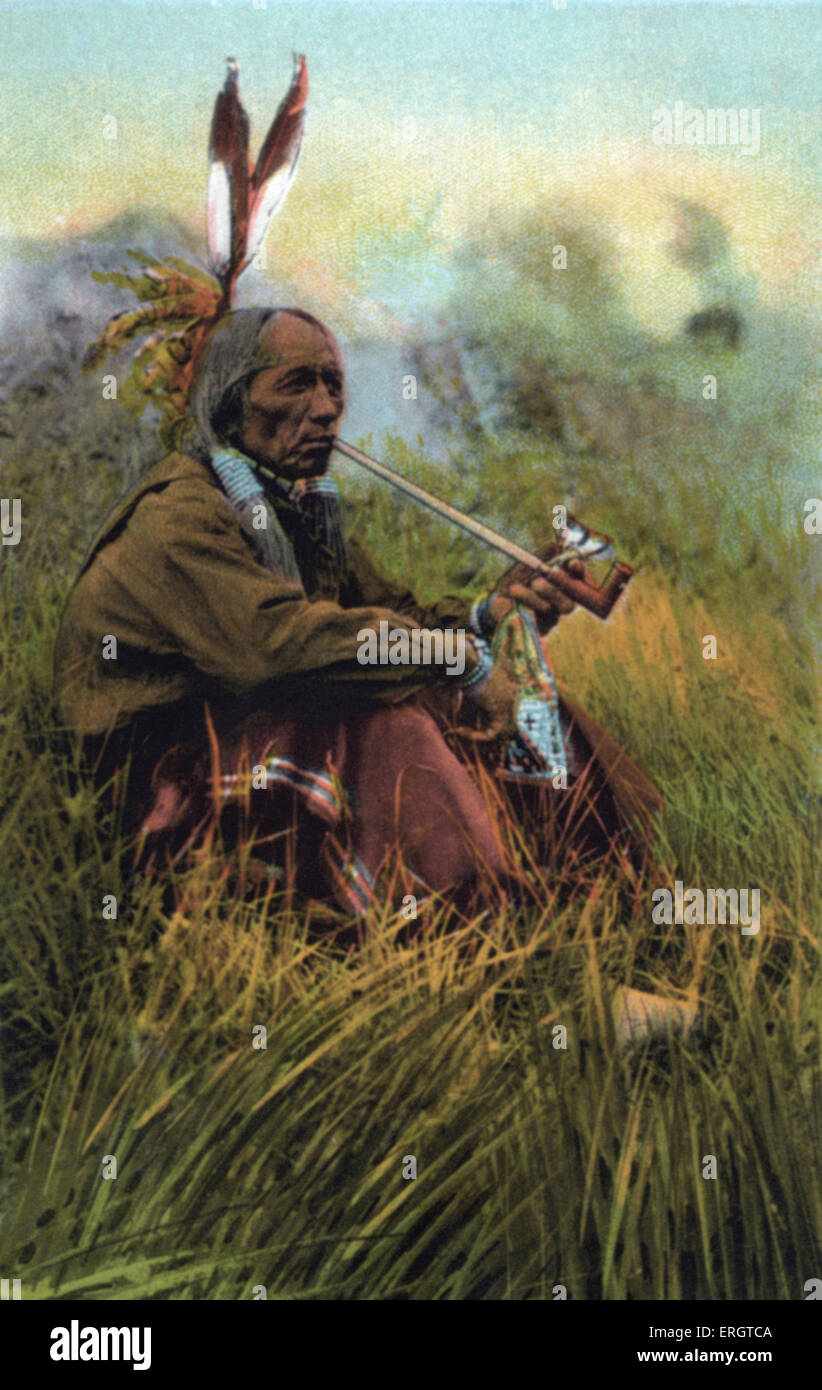 "Chief Good Boy."  Porträt von einem Native American Chief raucht eine Pfeife. Bildunterschrift lautet "indische auf Miller Bos. 101 ranch Stockfoto