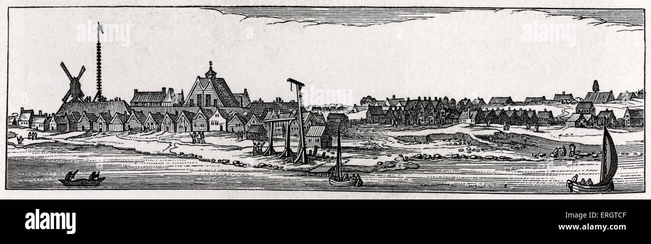 New Amsterdam (später New York). Nicolaes J. Visscher Karte von Neu-England und New Belgium. Mitte des 17. Jahrhunderts. 1618-1679 Stockfoto