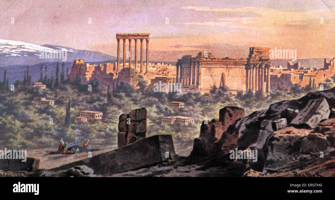 Baalbek, Libanon. Illustration von Perlberg zeigt die antiken Ruinen aus der römischen Epoche als Baalbek als Heliopolis bekannt war. Stockfoto