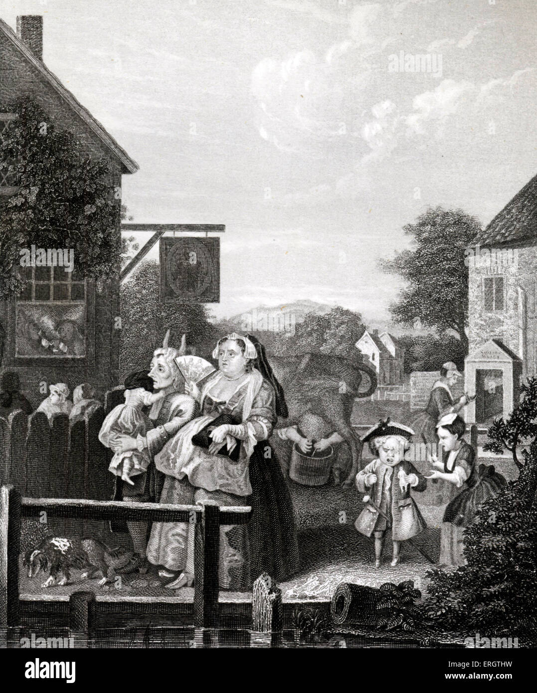 "Abend, London" von William Hogarth. Durch einen H-Payne gedruckt. Szene aus dem 18. Jahrhundert Arbeiterfamilie im Land. Englisch Stockfoto