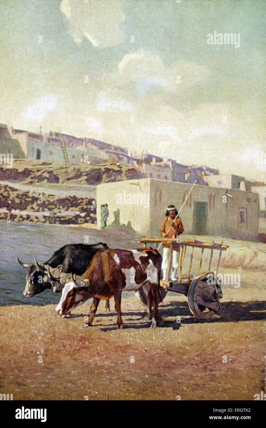 Alten Caretta (Cart), gezogen von zwei Ochsen, angetrieben durch ein Indianer des Pueblo-Volkes in Laguna, New Mexico. Pueblo-Indianer. Stockfoto